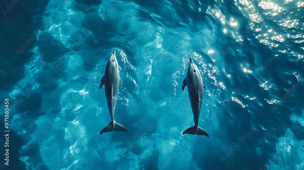 Obraz premium Aerial view of dolphins swimming through tropical blue water : Generative AI