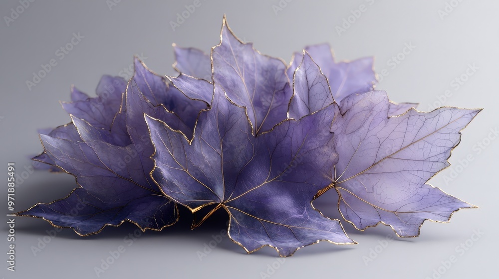 Elegant Purple Maple Leaves with Gold-Trimmed Edges and Crack Patterns on Gray Gradient Background Elegant Purple Maple Leaves with Gold-Trimmed Edges and Crack Patterns on Gray Gradient Background