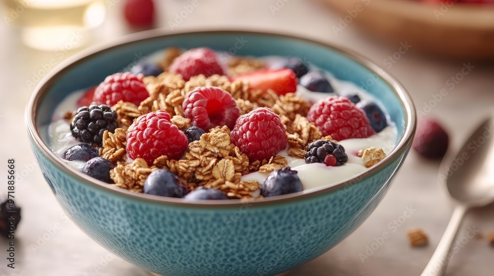 A vibrant breakfast bowl with colorful berries, yogurt, granola, and honey, artfully layered to create a visually appealing and nutritious start to the day. A vibrant breakfast bowl with colorful berries, yogurt, granola, and honey, artfully layered to create a visually appealing and nutritious start to the day.