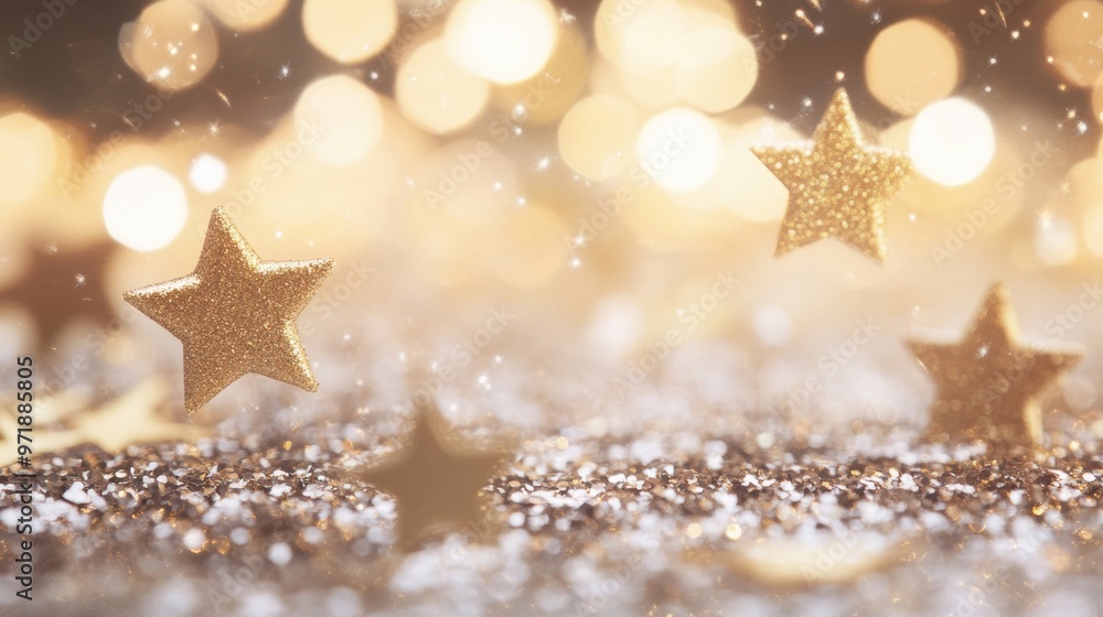 Golden stars and glitter gently fall, creating a magical atmosphere for a joyful celebration filled with light and sparkle Golden stars and glitter gently fall, creating a magical atmosphere for a joyful celebration filled with light and sparkle