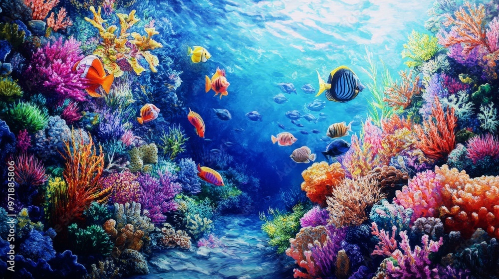 Obraz premium A vibrant coral reef underwater scene, with colorful fish and marine life swimming among the vivid corals, showcasing the beauty of the ocean