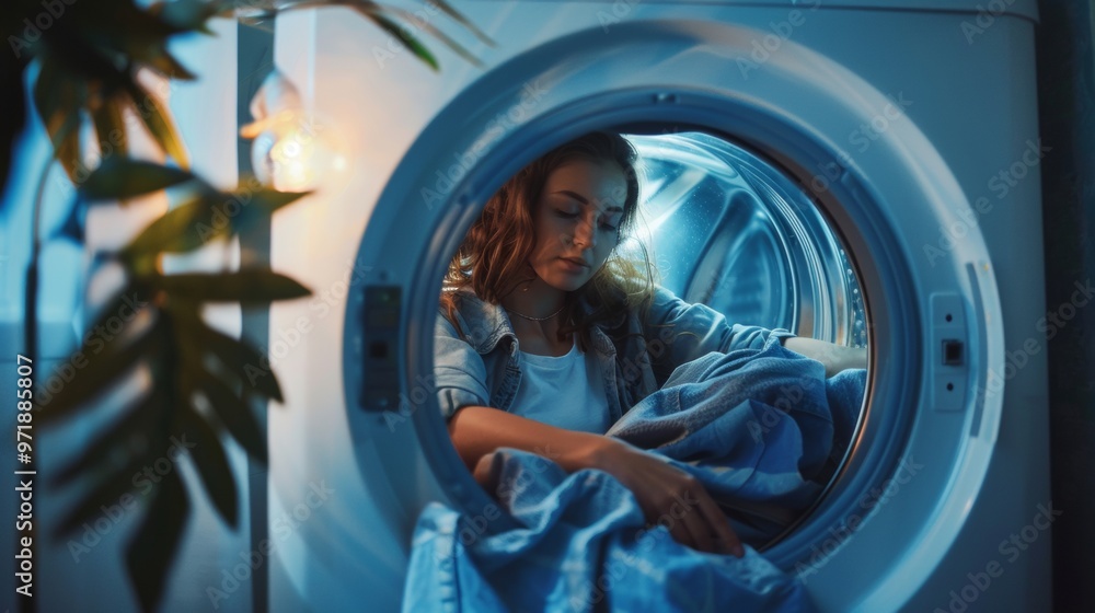 beautiful woman taking clothes out of the dryer beautiful woman taking clothes out of the dryer