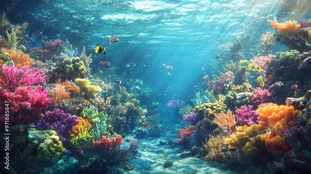 Fototapeta premium A vibrant coral reef underwater, teeming with colorful marine life and clear blue waters.