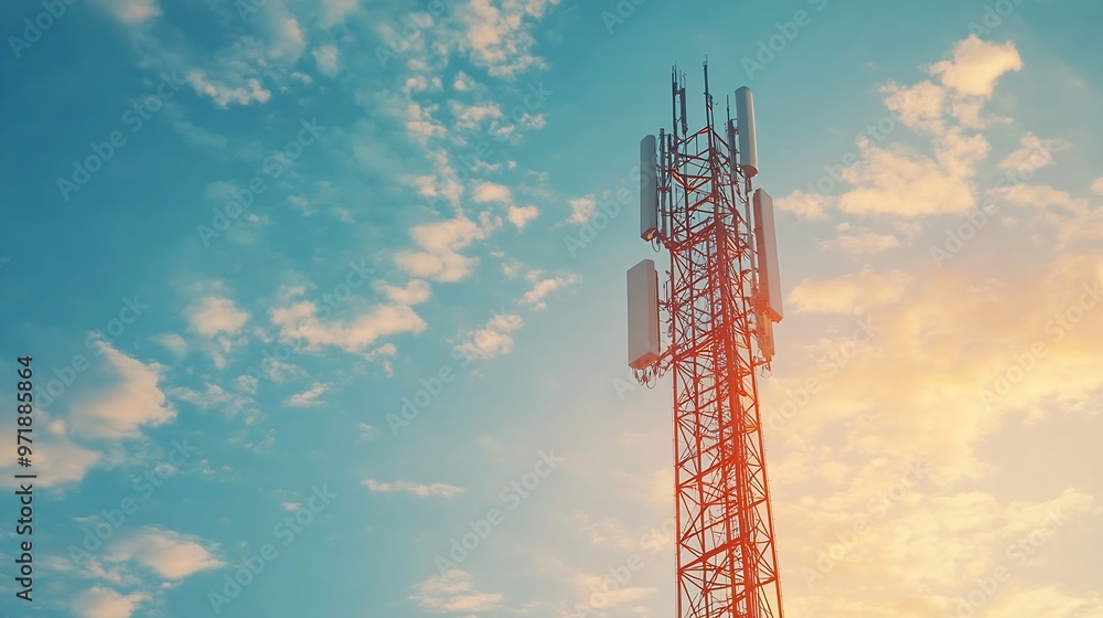 Signal tower or Mobile phone tower with dayligth sky Telecommunication tower with 5G cellular network antenna Global connection and internet network concept : Generative AI Signal tower or Mobile phone tower with dayligth sky Telecommunication tower with 5G cellular network antenna Global connection and internet network concept : Generative AI