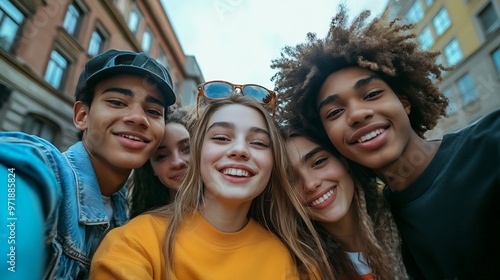 Vibrant young people taking a selfie together outdoors Happy youngsters enjoying hanging out together in the city Group of generation z friends capturing their happy moments : Generative AI