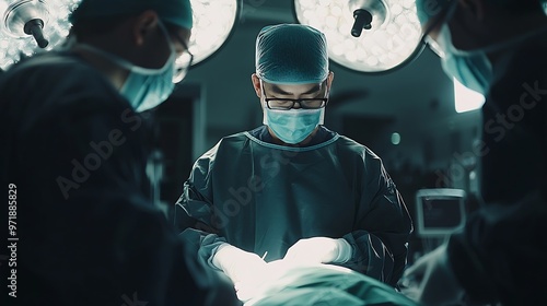 Team of medical doctors performs surgical operation in modern operating room using hightech technology Surgeons are working to save the patient in the hospital Medicine health and scie : Generative AI photo