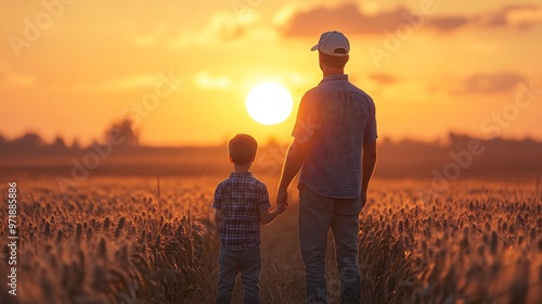 Farmer and his son in front of a sunset agricultural landscape Man and a boy in a countryside field Fatherhood country life farming and country lifestyle : Generative AI