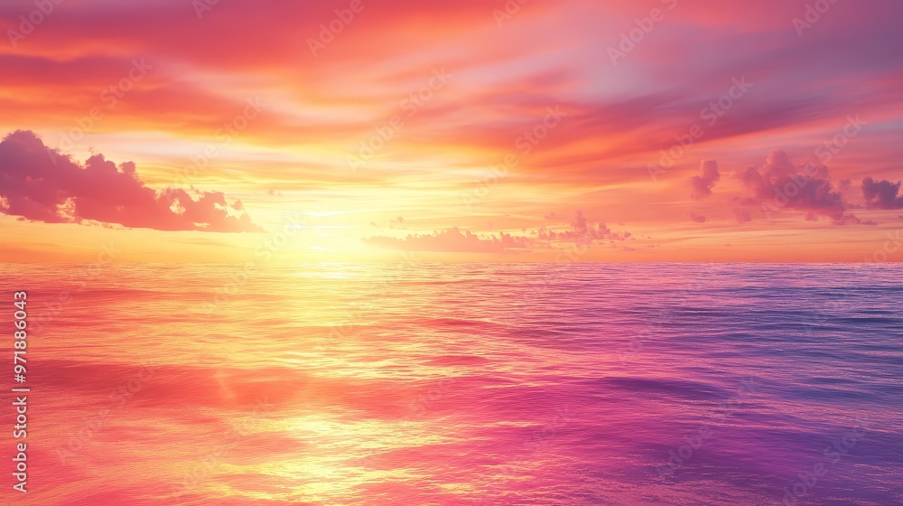 Obraz premium A vibrant, tropical background image showcasing a colorful sunset over a calm ocean.
