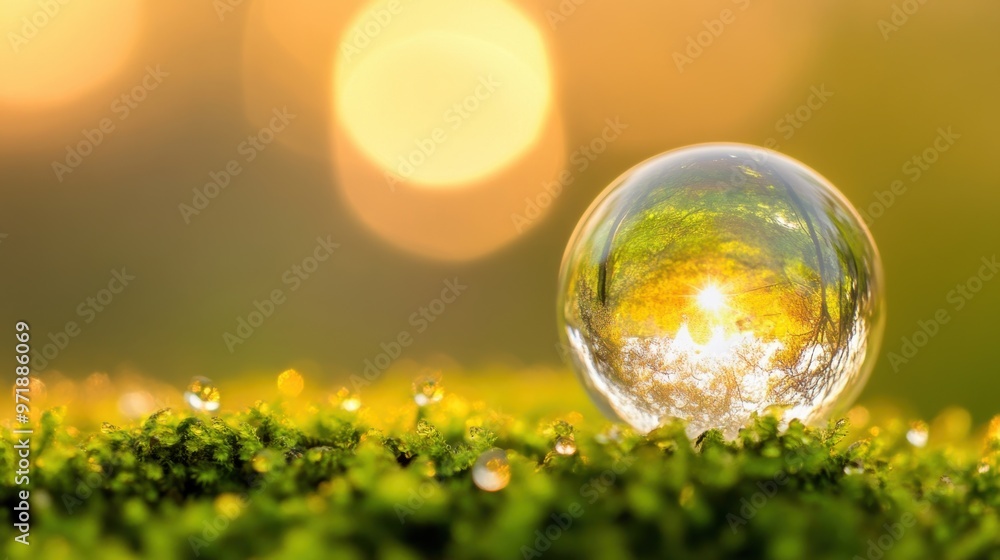 A delicate earth globe adorned with dewdrops sits on lush moss, reflecting sunlight and the serene beauty of nature around it A delicate earth globe adorned with dewdrops sits on lush moss, reflecting sunlight and the serene beauty of nature around it