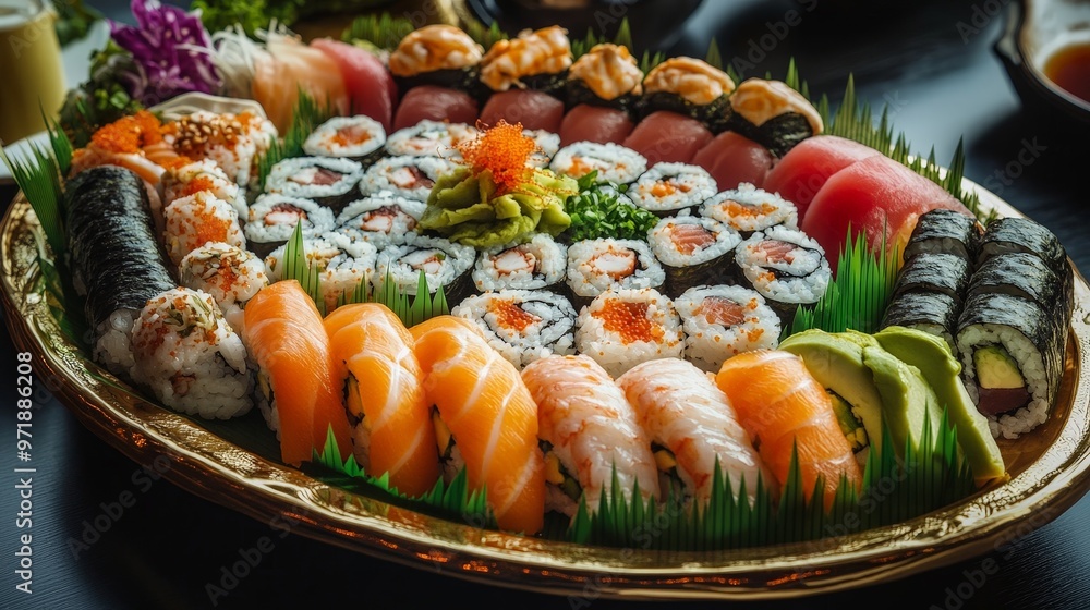 A visually stunning sushi platter with a variety of rolls, sashimi, and garnishes, arranged artfully to highlight the freshness and elegance of Japanese cuisine. A visually stunning sushi platter with a variety of rolls, sashimi, and garnishes, arranged artfully to highlight the freshness and elegance of Japanese cuisine.