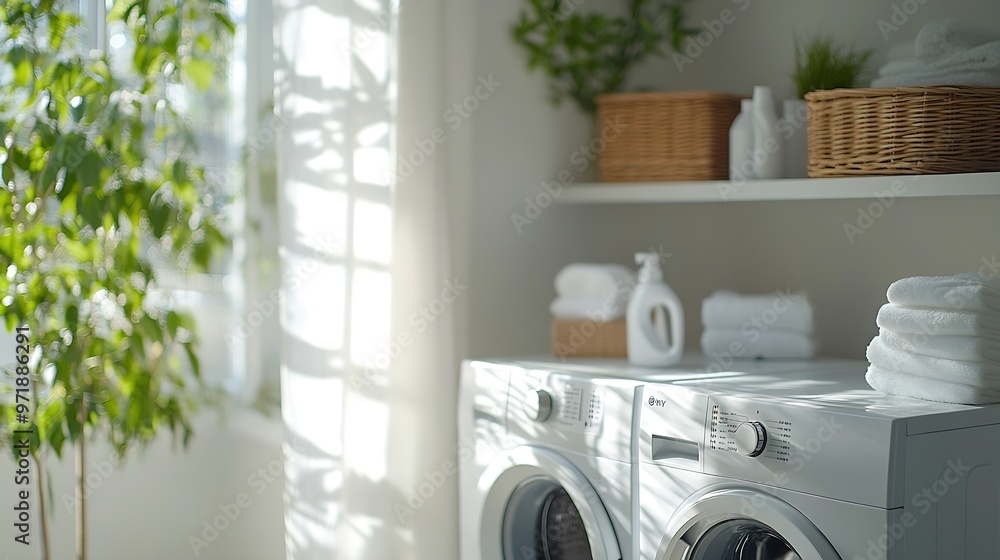 Modern washing machine with basket shelving unit and dressing screen near white wall Interior of home laundry room : Generative AI Modern washing machine with basket shelving unit and dressing screen near white wall Interior of home laundry room : Generative AI