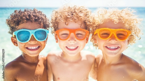 Three joyful kids wearing colorful sunglasses enjoy fun summer moments at the beach, splashing in the water under a bright sky