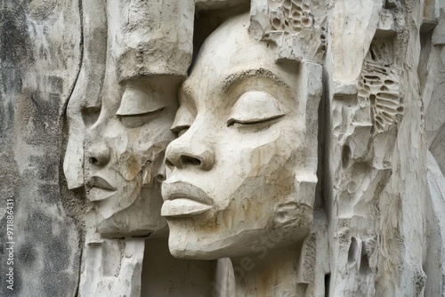 Carved Stone Faces in Abstract Composition photo