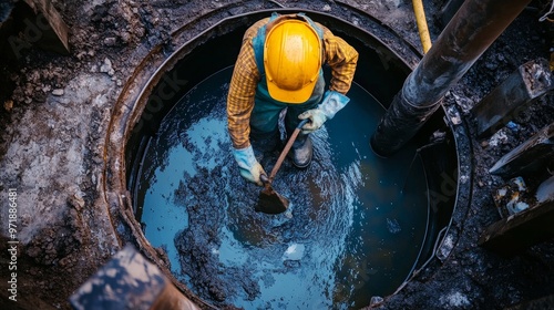 A worker performs a septic tank cleaning task, surrounded by waste disposal equipment. photo