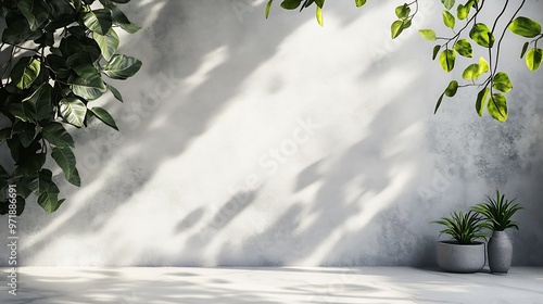 Background Studio White wall Cement with Leaves Shadow and Marble floorEmpty Grey Concrete studio room with Table TopBackdrop background SpringSummer Cosmetic Product DisplayMockup Pre : Generative AI photo