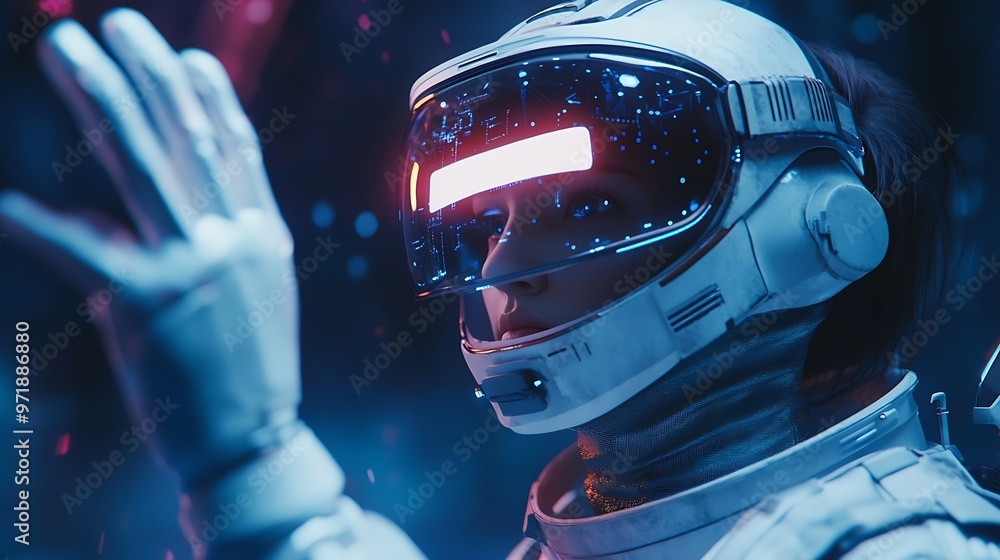 Astronaut in futuristic costume Girl in glasses of virtual reality while touching air Augmented reality game future technology AI concept Dark background : Generative AI Astronaut in futuristic costume Girl in glasses of virtual reality while touching air Augmented reality game future technology AI concept Dark background : Generative AI