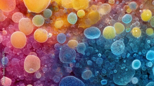 Vibrant microscopic organisms display a spectrum of colors as they interact within their environment under a microscope