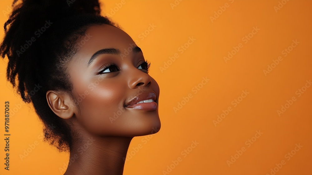 Sideview of a young black woman smiling in a studio Woman with makeup standing against an orange background : Generative AI Sideview of a young black woman smiling in a studio Woman with makeup standing against an orange background : Generative AI
