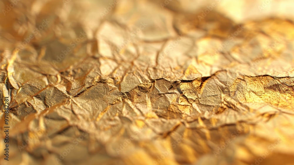 The surface features intricate crinkles of gold foil, reflecting light in a warm, vibrant manner, perfect for decoration or artistic applications The surface features intricate crinkles of gold foil, reflecting light in a warm, vibrant manner, perfect for decoration or artistic applications
