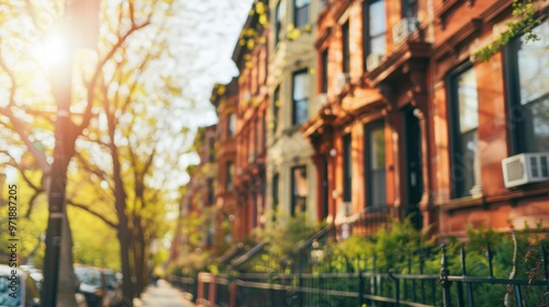 A for sale sign stands outside an inviting apartment building along a tree-lined street filled with vibrant colors and sunlight #971887205