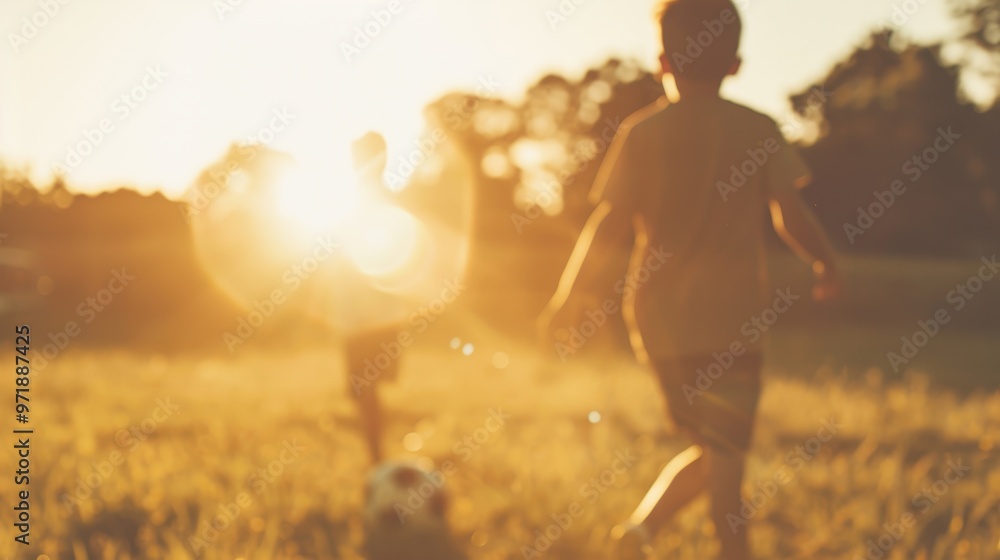 Children enjoy a spirited soccer game on a sunny field, filled with laughter and excitement during the golden hour Children enjoy a spirited soccer game on a sunny field, filled with laughter and excitement during the golden hour