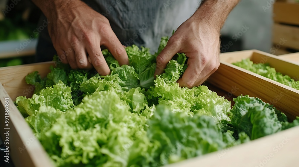 Farmer cuts lettuce on bed puts it in a drawer : Generative AI Farmer cuts lettuce on bed puts it in a drawer : Generative AI