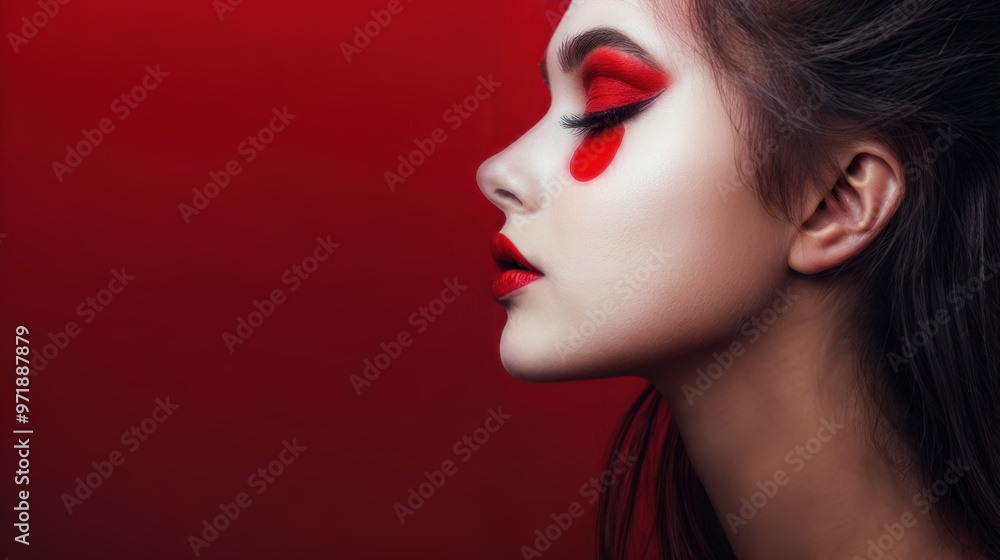 A beautiful woman in profile and wearing heavy red mascara or paint around her eyes.. A glamorous clown. Her eyes are closed. A beautiful woman in profile and wearing heavy red mascara or paint around her eyes.. A glamorous clown. Her eyes are closed.