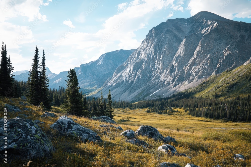 Mountain Valley with Rocks and Coniferous Trees Mountain Valley with Rocks and Coniferous Trees