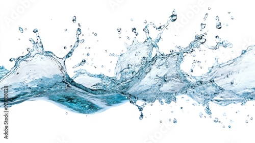 Dynamic water splash captured in mid-air, isolated on a clean white background.