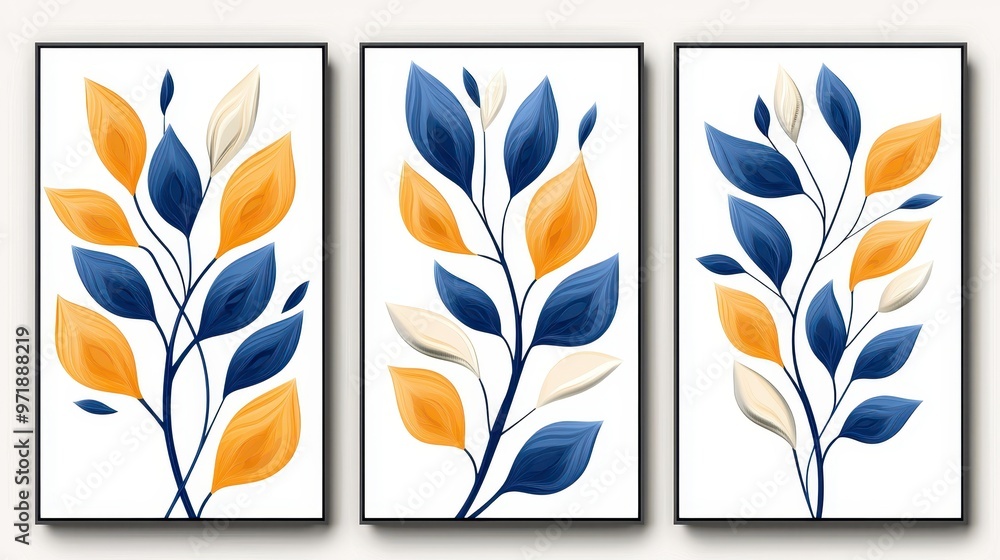 Abstract Blue and Yellow Leaf Canvas Wall Art Print Set Abstract Blue and Yellow Leaf Canvas Wall Art Print Set