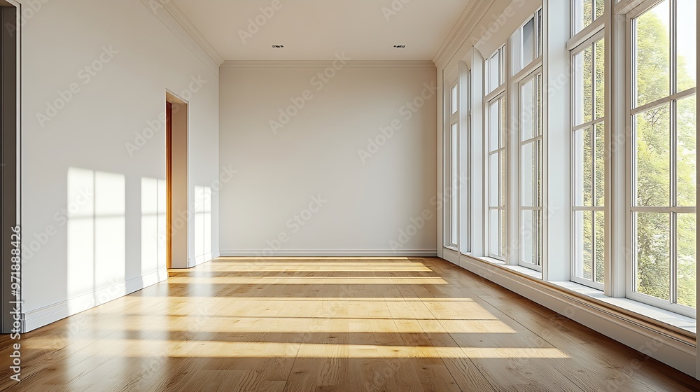 an empty room with wooden floors and white walls there is a large window in the wall to the right : Generative AI an empty room with wooden floors and white walls there is a large window in the wall to the right : Generative AI