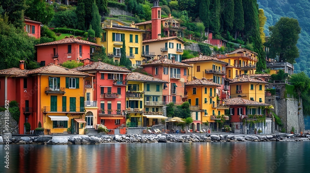 Obraz premium Varenna Italy Picturesque town at lake Como Colourful motley Mediterranean houses at stone beach coastline among green trees Popular health resort and touristic location Summer day lan : Generative AI