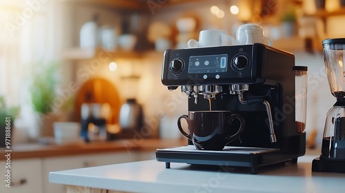 selective focus on automatic espresso machine with dark mug on white countertop at stylish kitchen with household appliances and kitchenware on blurred background : Generative AI