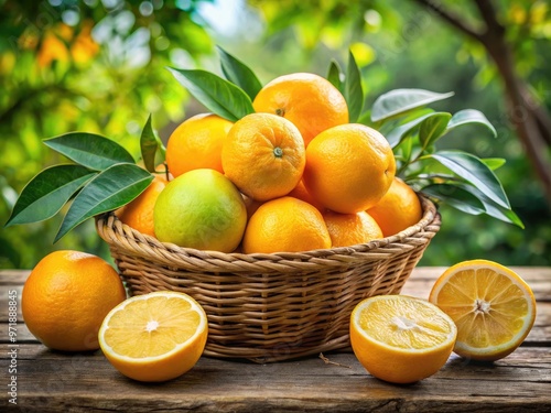 Freshly sliced vibrant yellow oranges, also known as sweet limes, arranged in a wicker basket on a rustic wooden table amidst lush green leaves. photo