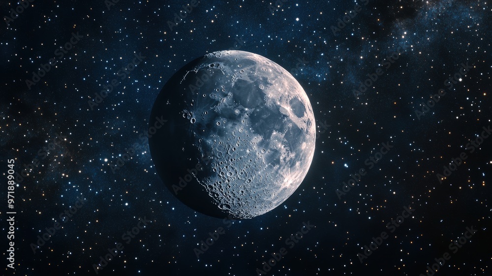 Fototapeta premium Moonlit Serenity: Detailed Surface of the Moon in a Star-Filled Night Sky