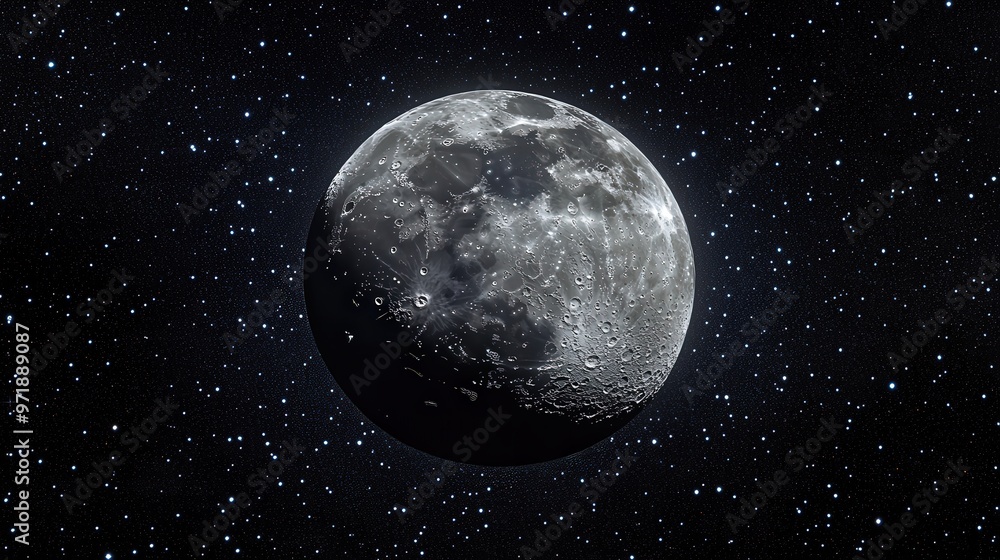 Obraz premium Serene Moonlit Night: Astronomy Scene with Detailed Lunar Surface and Starry Sky
