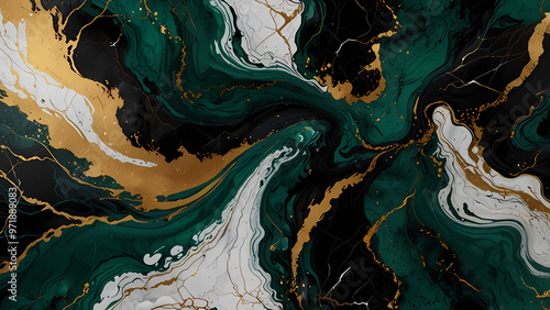 abstract background with flowing marble textures, featuring swirls of deep black, white, and rich emerald green, accented by shimmering gold veins