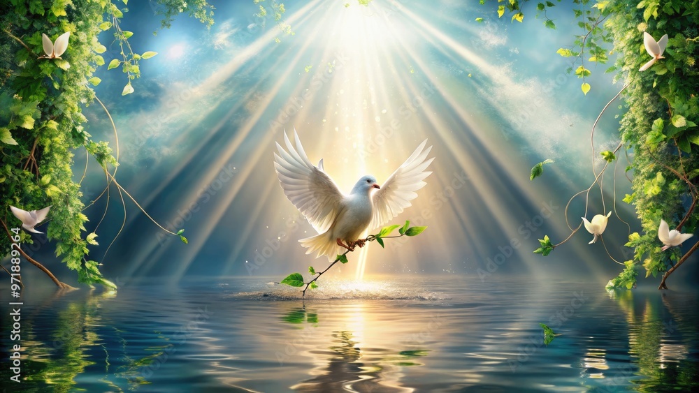 Gentle, radiant light illuminates a serene, abstract depiction of a baptism scene, featuring a dove, water, and delicate, flowing vines, evoking spiritual renewal and peace.