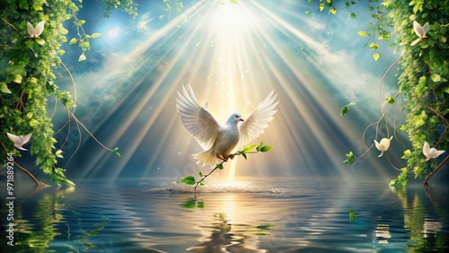 Obraz na płótnie Gentle, radiant light illuminates a serene, abstract depiction of a baptism scene, featuring a dove, water, and delicate, flowing vines, evoking spiritual renewal and peace. w salonie