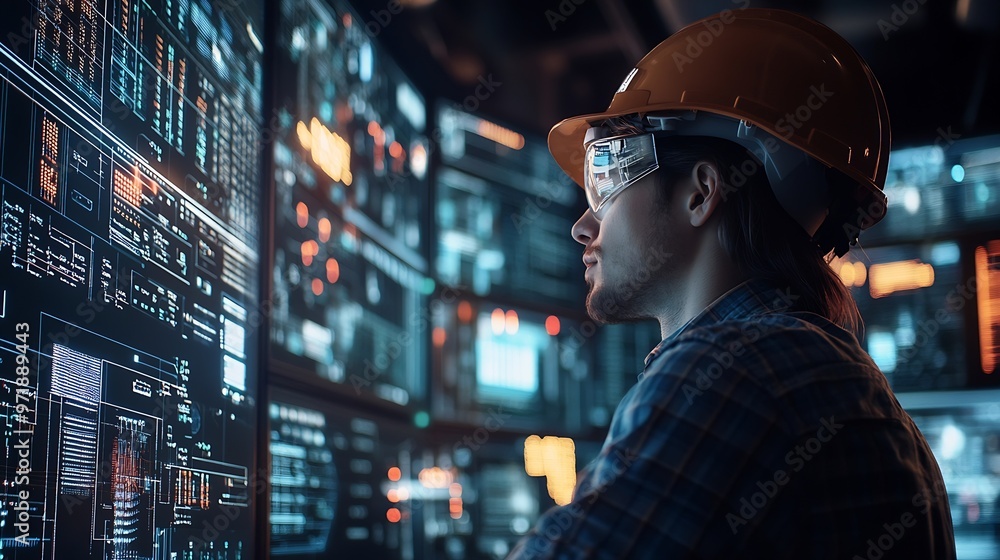 Electrician engineering and man with data overlay in a control room for maintenance Technician person with ai technology for power check problem solving and digital future or 3d inspec : Generative AI Electrician engineering and man with data overlay in a control room for maintenance Technician person with ai technology for power check problem solving and digital future or 3d inspec : Generative AI