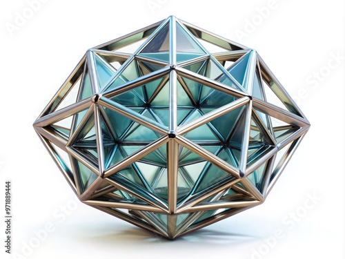 Geometric octahedron shape formed by eight triangular faces, symmetrically connected to create a mesmerizing 3D crystal-like structure with sharp edges and vertices, isolated on white. photo