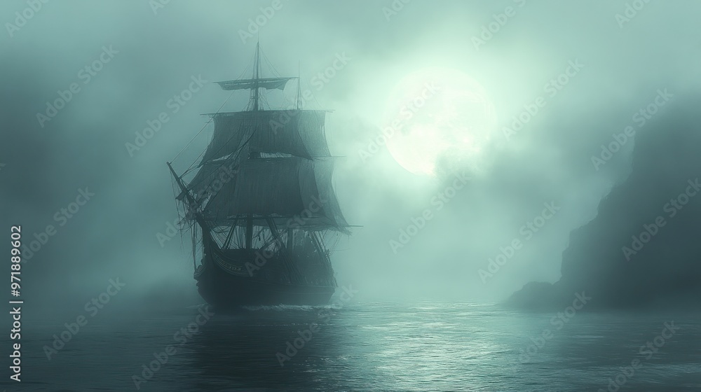 A Sailboat Navigating Through the Misty Sea A Sailboat Navigating Through the Misty Sea