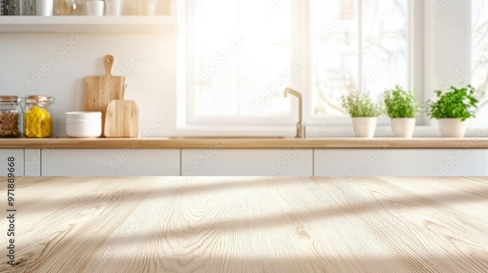 Empty Wooden Tabletop In Modern Kitchen With Blurred Background Empty Wooden Tabletop In Modern Kitchen With Blurred Background