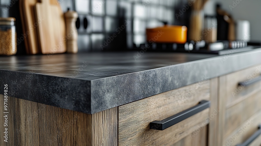 Beautiful Artificial Stone kitchen countertop on wooden cabinet dark grey : Generative AI Beautiful Artificial Stone kitchen countertop on wooden cabinet dark grey : Generative AI