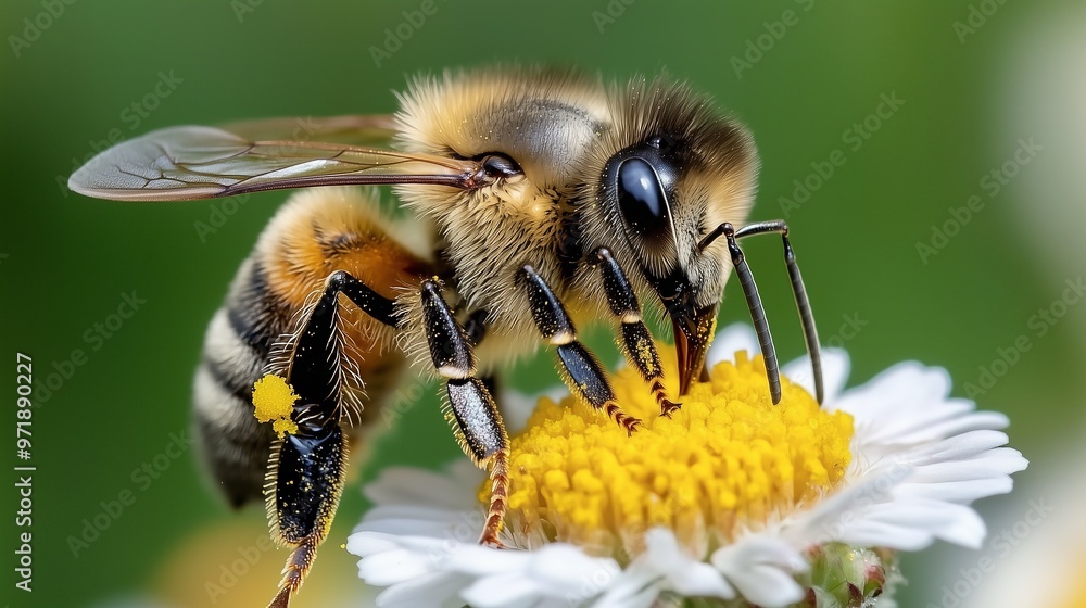 Close-up bee pollinating colorful flower gathering nectar petals nature. AI generated Close-up bee pollinating colorful flower gathering nectar petals nature. AI generated