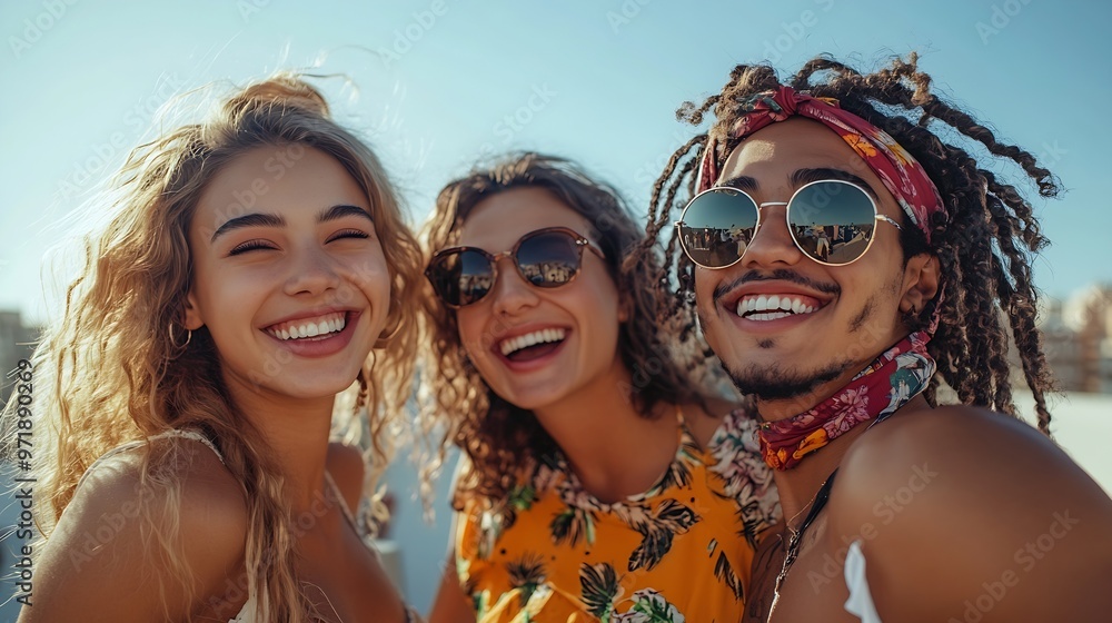 Fototapeta premium Four multicultural friends dancing on the rooftop Group of happy young friends laughing and having a good time during a party Vibrant young people having fun together on the weekend : Generative AI