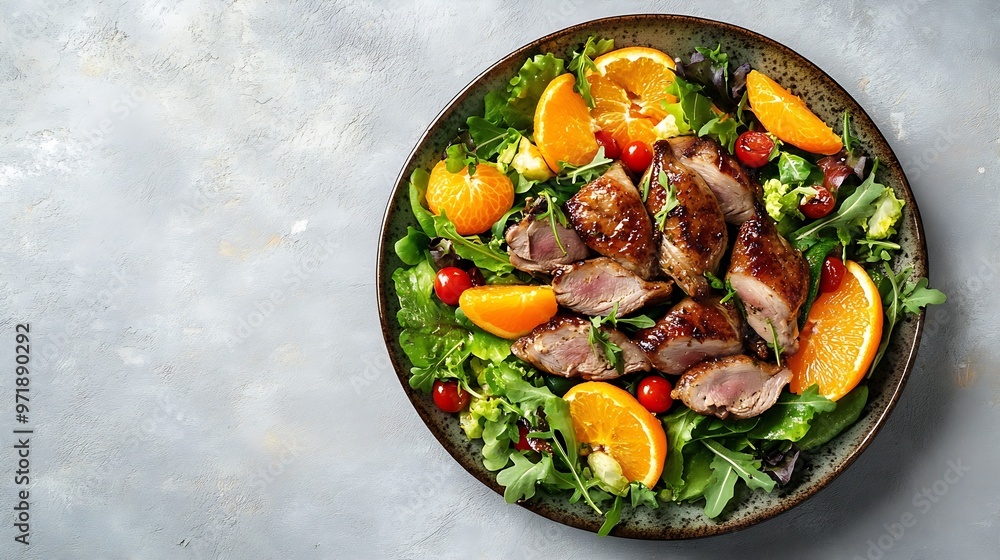 salad duck with orange and vegetables on a light background top view copy space : Generative AI salad duck with orange and vegetables on a light background top view copy space : Generative AI
