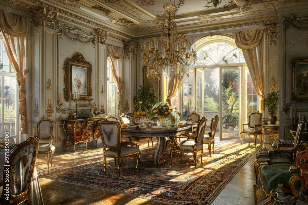 A large, elegant room with a chandelier hanging from the ceiling A large, elegant room with a chandelier hanging from the ceiling