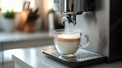 Modern coffee machine pouring milk into glass cup on white countertop in kitchen : Generative AI