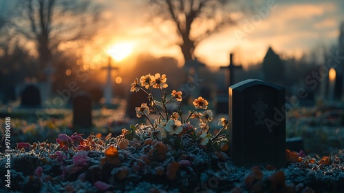 Dusk at a winters English cemetery seen with infocus flowers in a burial plot : Generative AI photo